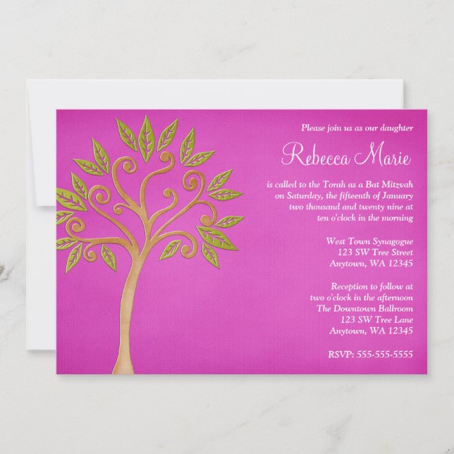 Tree of Life Swirls Pink Bat Mitzvah Invitations (Front)