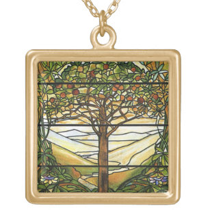 Tree of Life/Tiffany Stained Glass Window Gold Plated Necklace