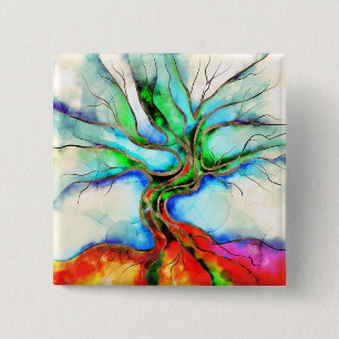 Tree of life - watercolor, ink and gold 2 inch square button