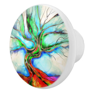 Tree of life - watercolor, ink and gold ceramic knob