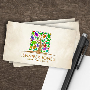 Tree of life - watercolor leaves - square shape business card
