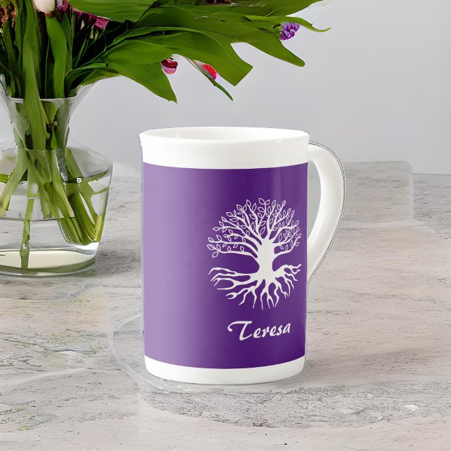 Tree of Life White Silhouette on Purple Monogram Bone China Mug (Creator Uploaded)