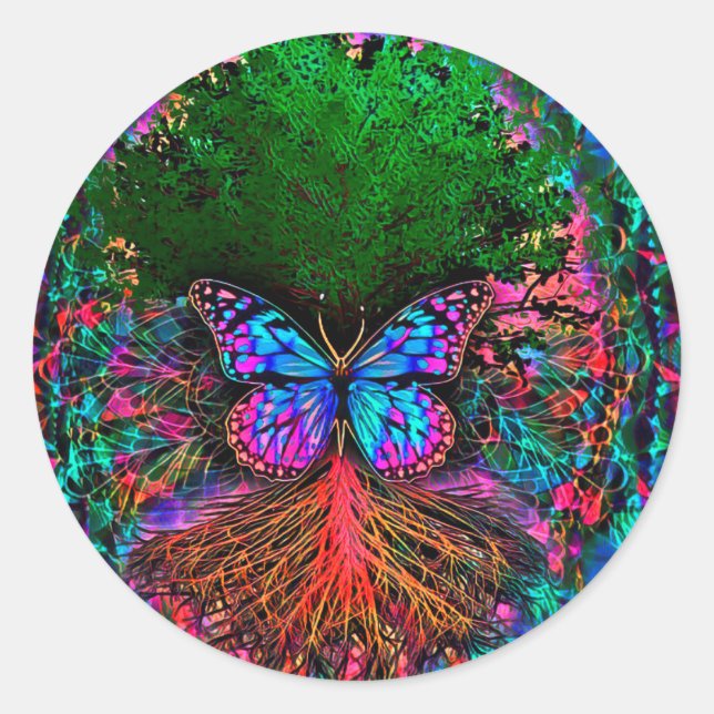 Tree of Life with Butterfly Rainbow Classic Round Sticker (Front)
