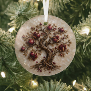 Tree of Life with Pomegranates 3D Relief Art Glass Ornament