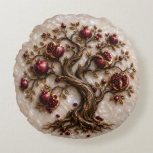 Tree of Life with Pomegranates 3D Relief Art Round Pillow