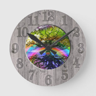 Tree of Life with Rainbow and Wood Frame Round Clock