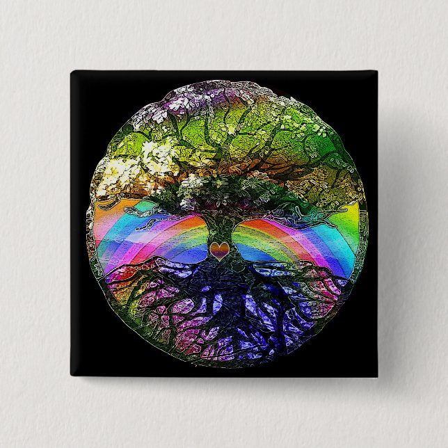 Tree of Life with Rainbow Heart 2 Inch Square Button (Front)
