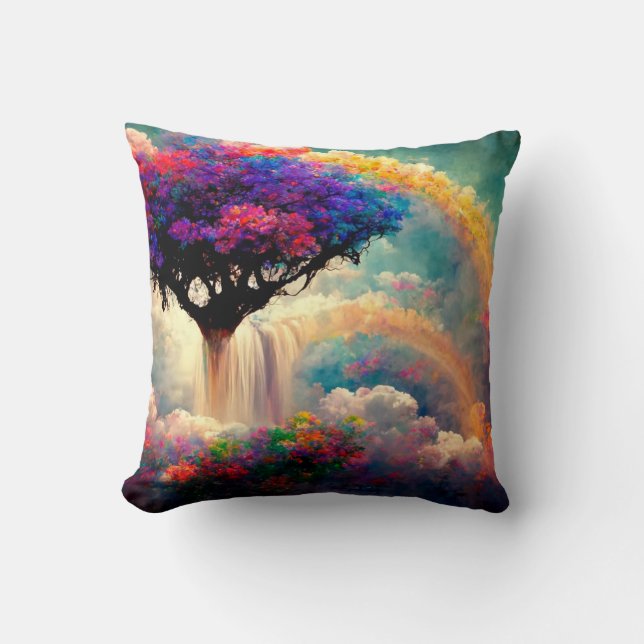 Tree of Life with Rainbows, Flowers, Bridge Throw Pillow (Front)