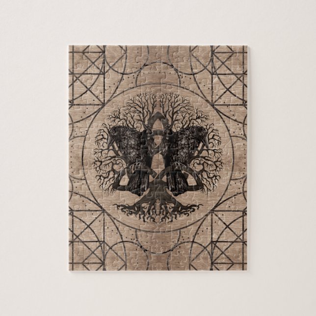 Tree of life - with ravens wooden texture jigsaw puzzle (Vertical)