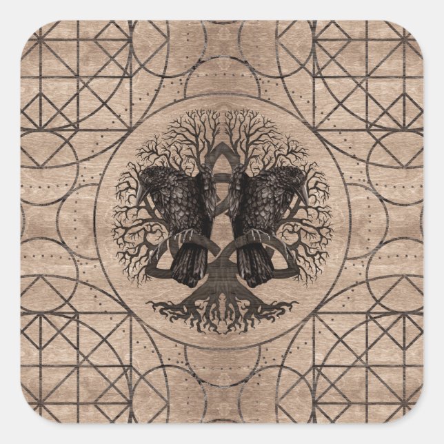 Tree of life - with ravens wooden texture square sticker (Front)