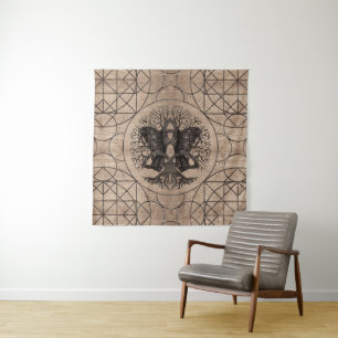 Tree of life - with ravens wooden texture tapestry