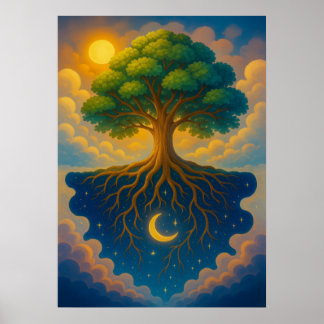 Tree of Life with Sun and Moon Fantasy Artwork Poster