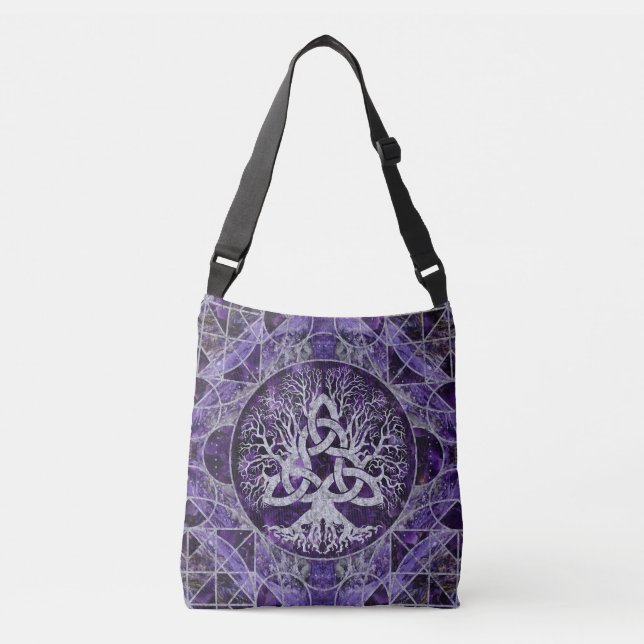Tree of life with Triquetra Amethyst and silver Crossbody Bag (Front)