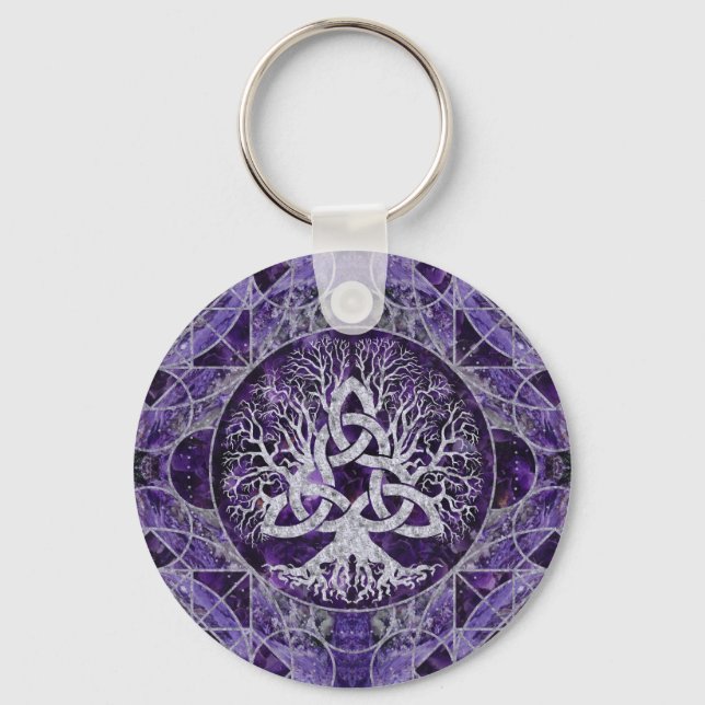 Tree of life with Triquetra Amethyst and silver Keychain (Front)