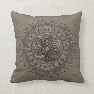 Tree of life with Triquetra Beige Leather and gold Throw Pillow