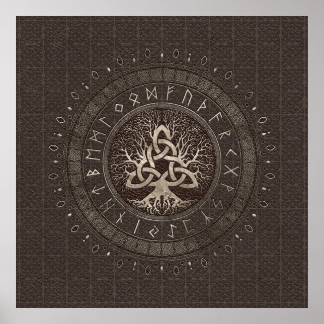 Tree of life with Triquetra Brown Leather and gold Poster (Front)