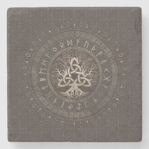 Tree of life with Triquetra Brown Leather and gold Stone Coaster