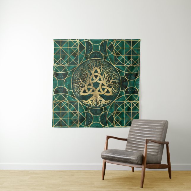Tree of life with Triquetra Malachite and Gold Tapestry (In Situ)