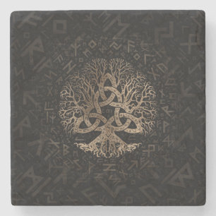 Tree of life with Triquetra on Futhark pattern Stone Coaster