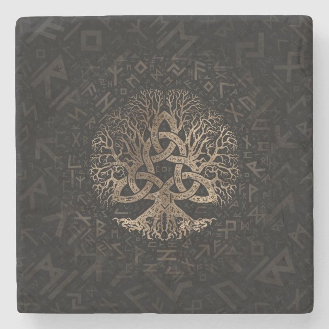 Tree of life with Triquetra on Futhark pattern Stone Coaster (Front)
