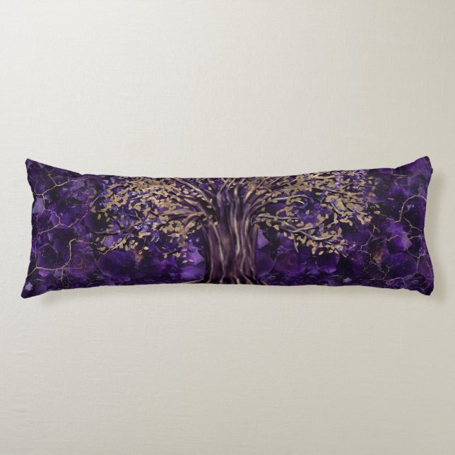 Tree of life -Yggdrasil Amethyst and Gold Body Pillow (Front)