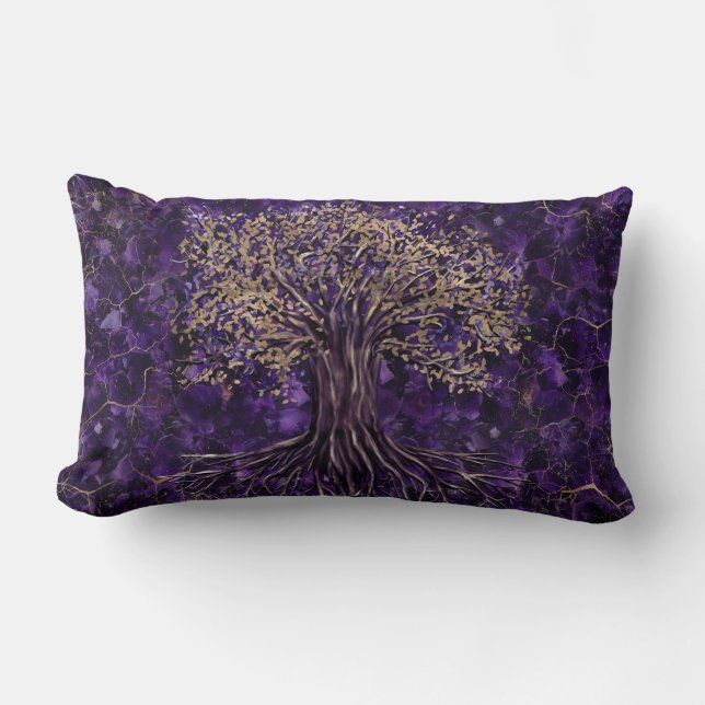 Tree of life -Yggdrasil Amethyst and Gold Lumbar Pillow (Front)