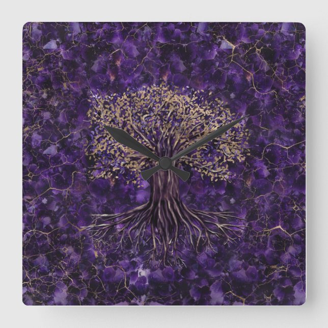Tree of life -Yggdrasil Amethyst and Gold Square Wall Clock (Front)