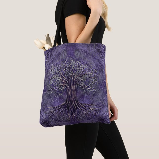 Tree of life -Yggdrasil Amethyst and silver Tote Bag (Close Up)