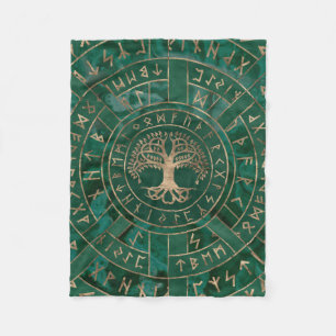 Tree of life -Yggdrasil and Futhark - Malachite Fleece Blanket