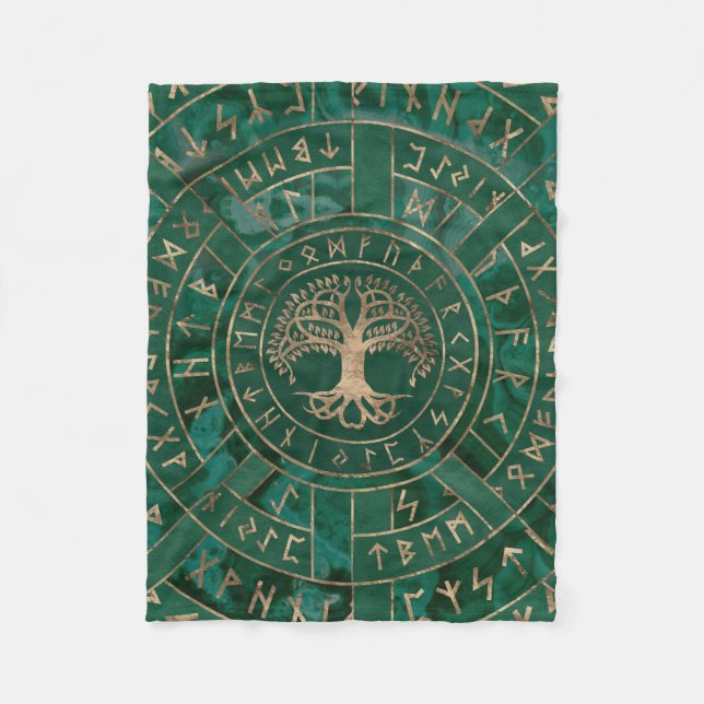 Tree of life -Yggdrasil and Futhark - Malachite Fleece Blanket (Front)