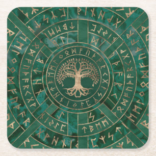 Tree of life -Yggdrasil and Futhark - Malachite Square Paper Coaster