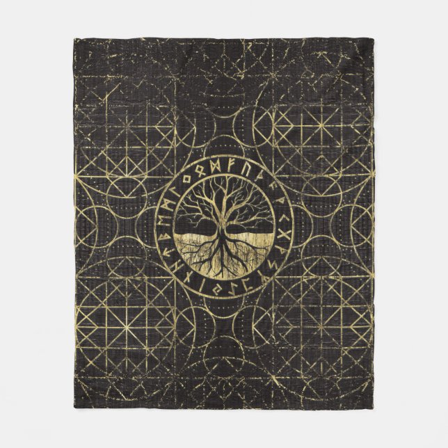 Tree of life  -Yggdrasil and  Runes Fleece Blanket (Front)