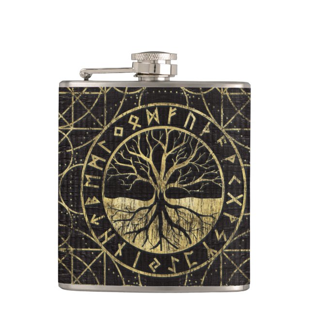 Tree of life  -Yggdrasil and  Runes Hip Flask (Front)
