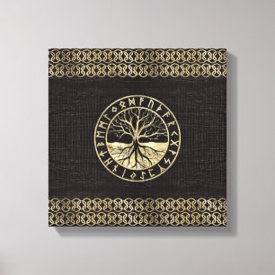 Tree of life -Yggdrasil and Runes on wood Canvas Print