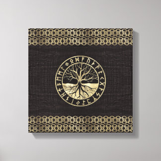 Tree of life -Yggdrasil and Runes on wood Canvas Print