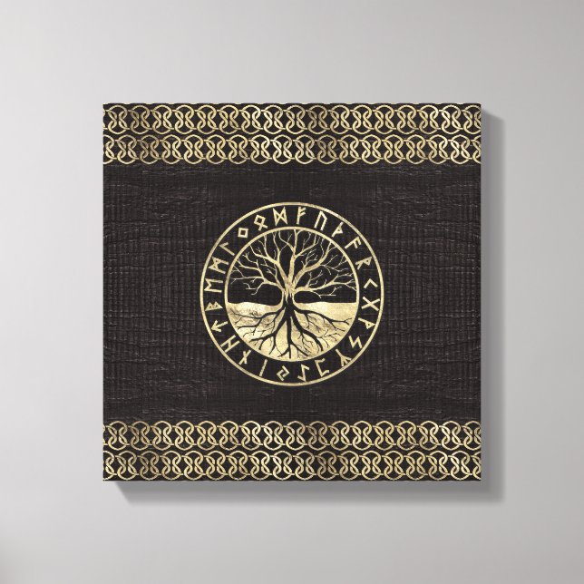 Tree of life  -Yggdrasil and  Runes on wood Canvas Print (Front)