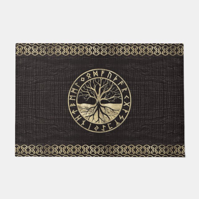 Tree of life  -Yggdrasil and  Runes on wood Doormat (Front)