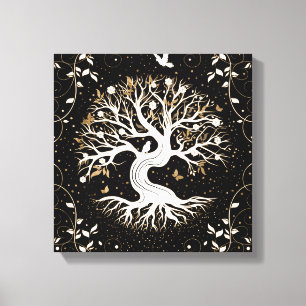 Tree of Life - Yggdrasil - black white and gold Canvas Print
