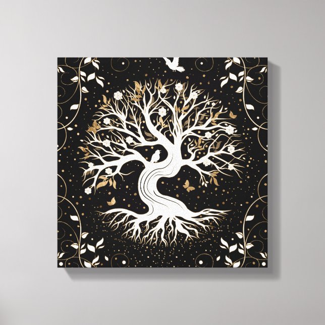 Tree of Life - Yggdrasil - black white and gold Canvas Print (Front)