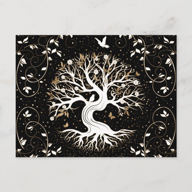 Tree of Life - Yggdrasil - black white and gold Holiday Postcard (Front)
