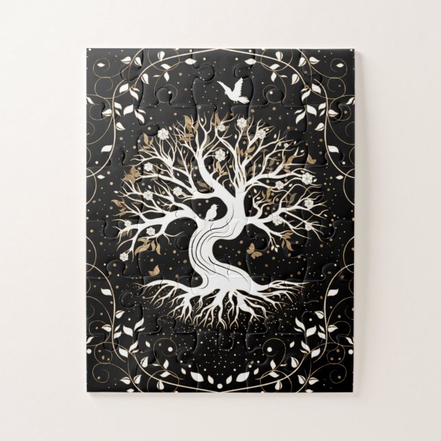Tree of Life - Yggdrasil - black white and gold Jigsaw Puzzle (Vertical)