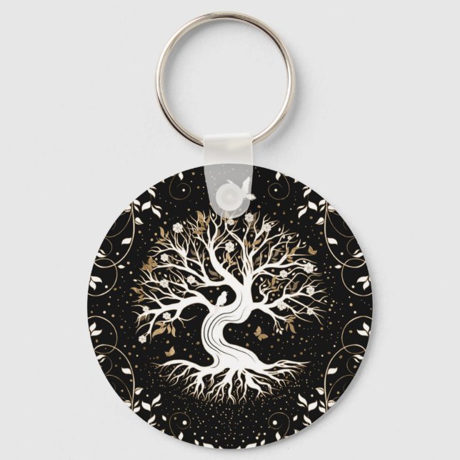 Tree of Life - Yggdrasil - black white and gold Keychain (Front)