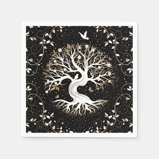 Tree of Life - Yggdrasil - black white and gold Napkin (Front)