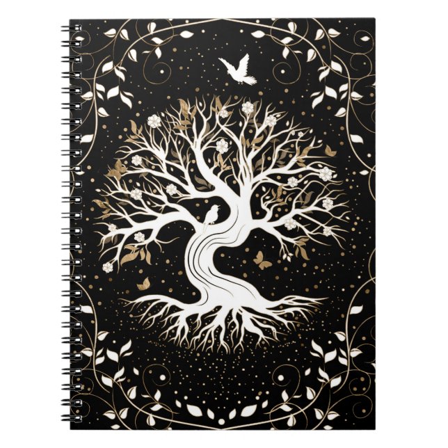 Tree of Life - Yggdrasil - black white and gold Notebook (Front)