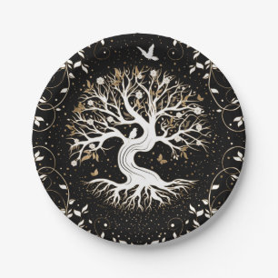 Tree of Life - Yggdrasil - black white and gold Paper Plate