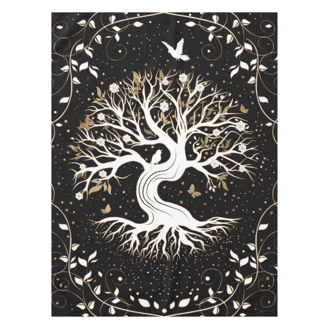 Tree of Life - Yggdrasil - black white and gold Tablecloth (Front)