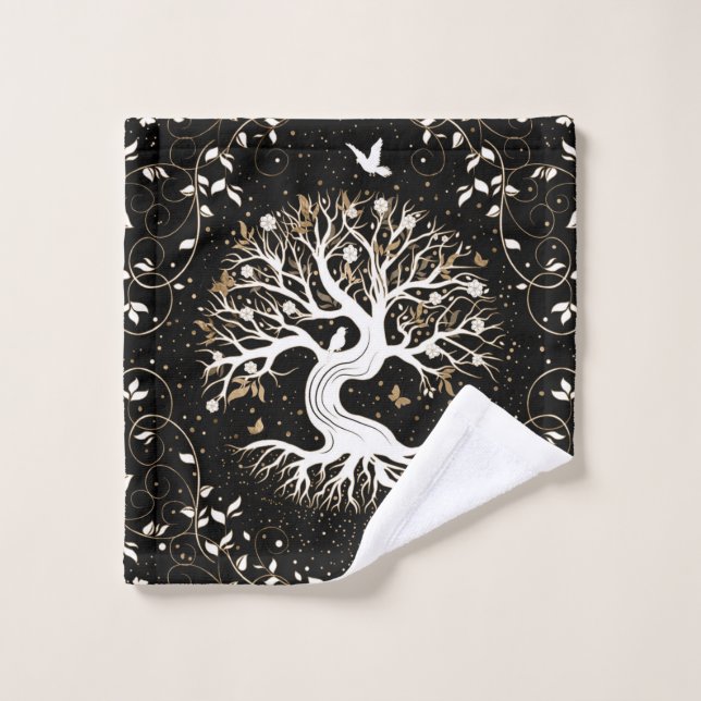 Tree of Life - Yggdrasil - black white and gold Wash Cloth (Wash Cloth)