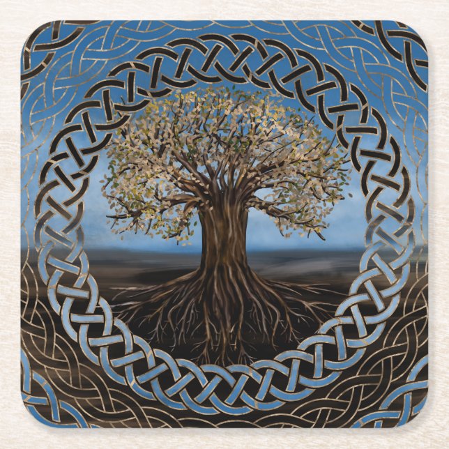 Tree of life -Yggdrasil drawing Square Paper Coaster (Front)