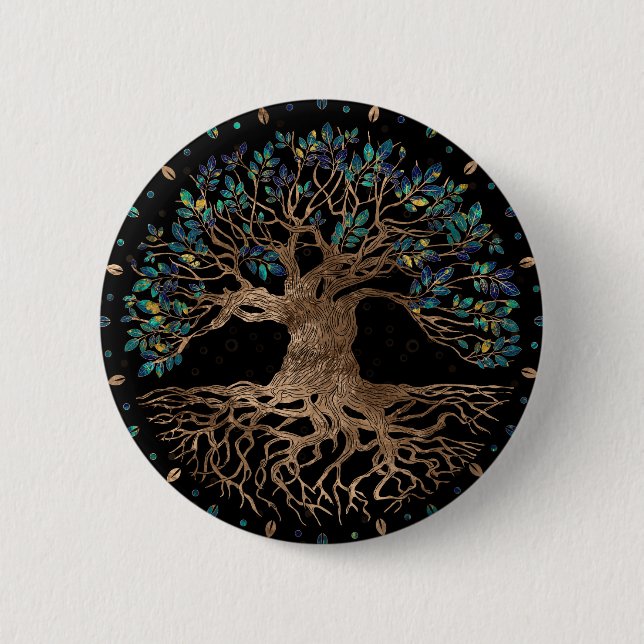 Tree of life -Yggdrasil Golden and Marble ornament 2 Inch Round Button (Front)