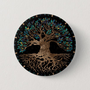 Tree of life -Yggdrasil Golden and Marble ornament 2 Inch Round Button
